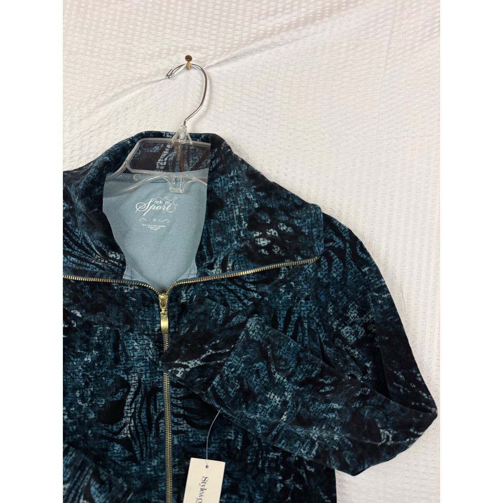 Style & Co Sport Velour Jacket Petite P Teal Black Abstract Zip Up NWT 51297-081